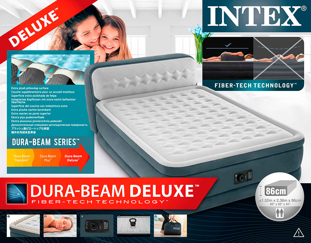 Надувная кровать 152х236х86см "Ultra Plush Headboard" со спинкой, встр.нас. 220В, до 272кг, Intex 64448