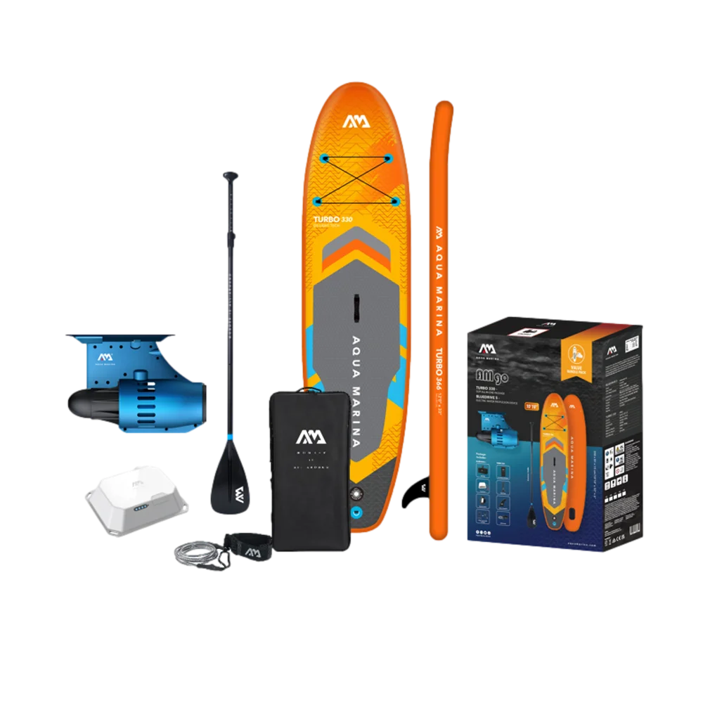 SUP-доска "AM go iSUP" 320х15см, плавник с электромотором BLUEDRIVE S и аккумулятором, весло, лиш, Aqua Marina AMGO-320PFS
